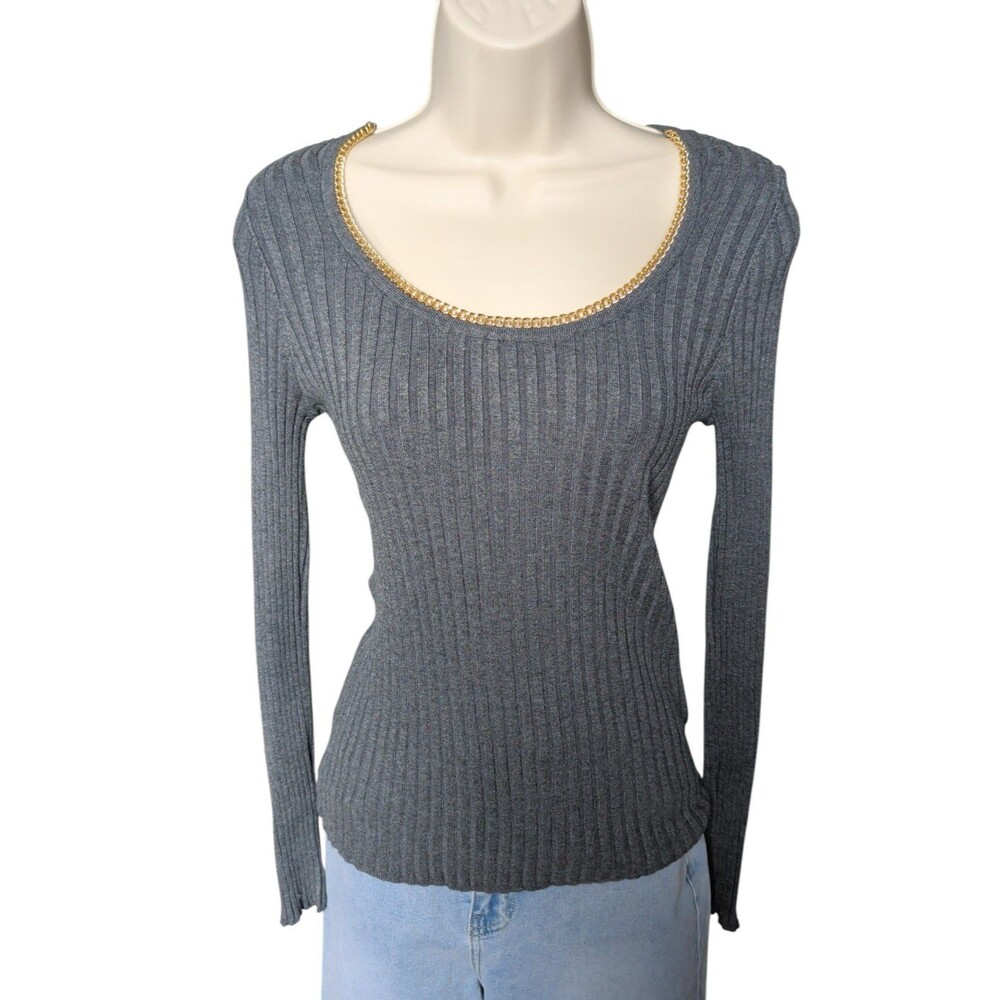 Title INC International Concepts Grey Ribbed Gold Chain Scoop Neck Top Size S